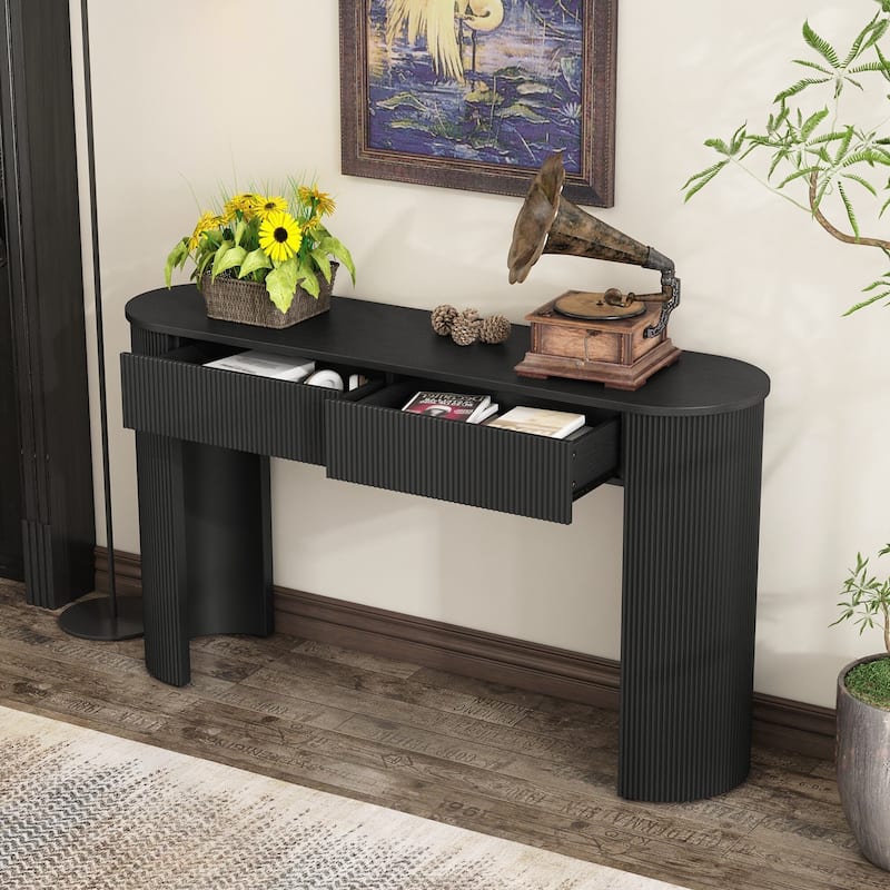 Entryway Table with Fluted Design, Modern Console Table with Storage, Oval Top and 2 Drawers for Entryway and Living Room