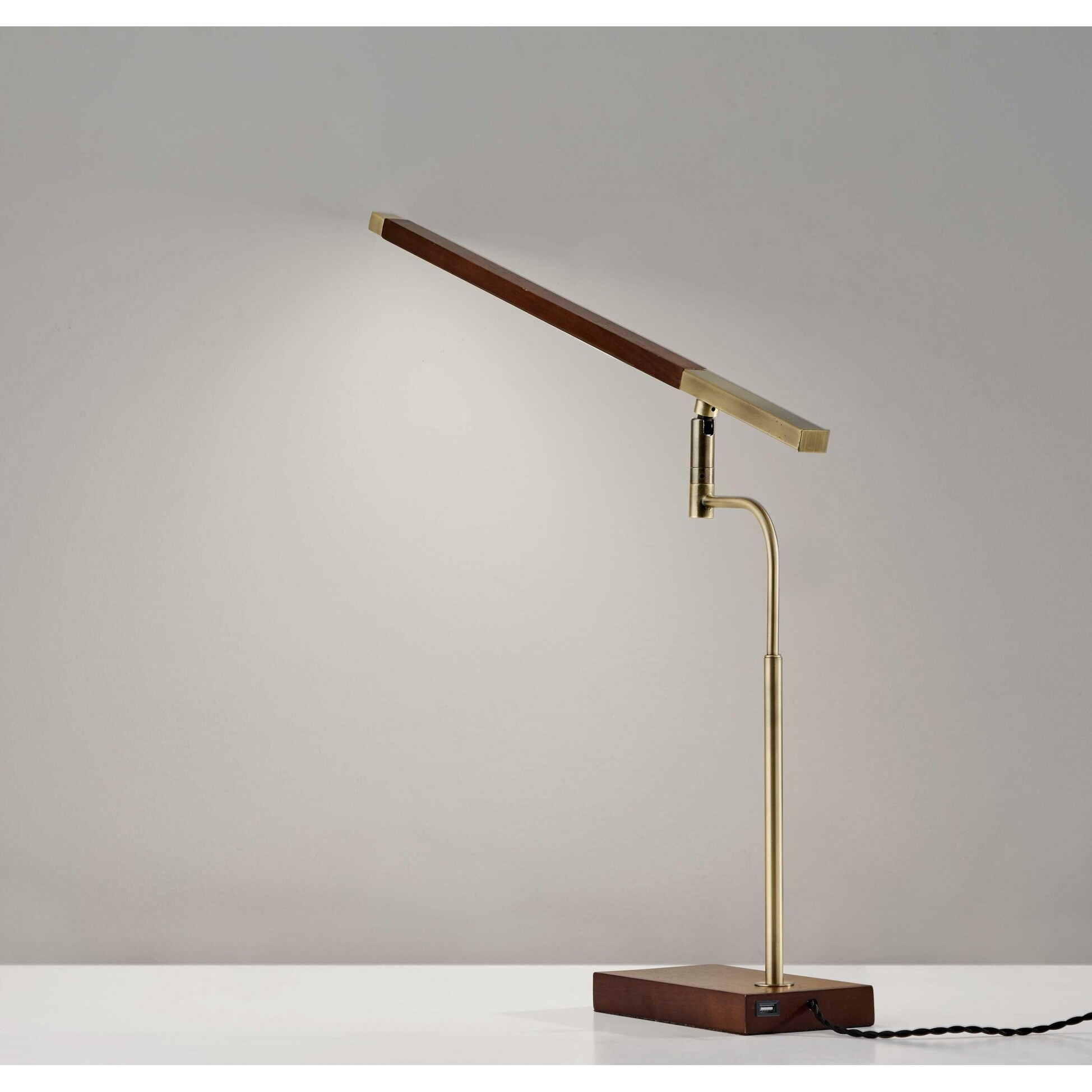 Walnut Wood Finish And Antique Brass Metal Adjustable Led Desk Lamp With Usb Port Walnut Wood Finish And Antique Brass Metal Adjustable Led Desk Lamp With Usb Port