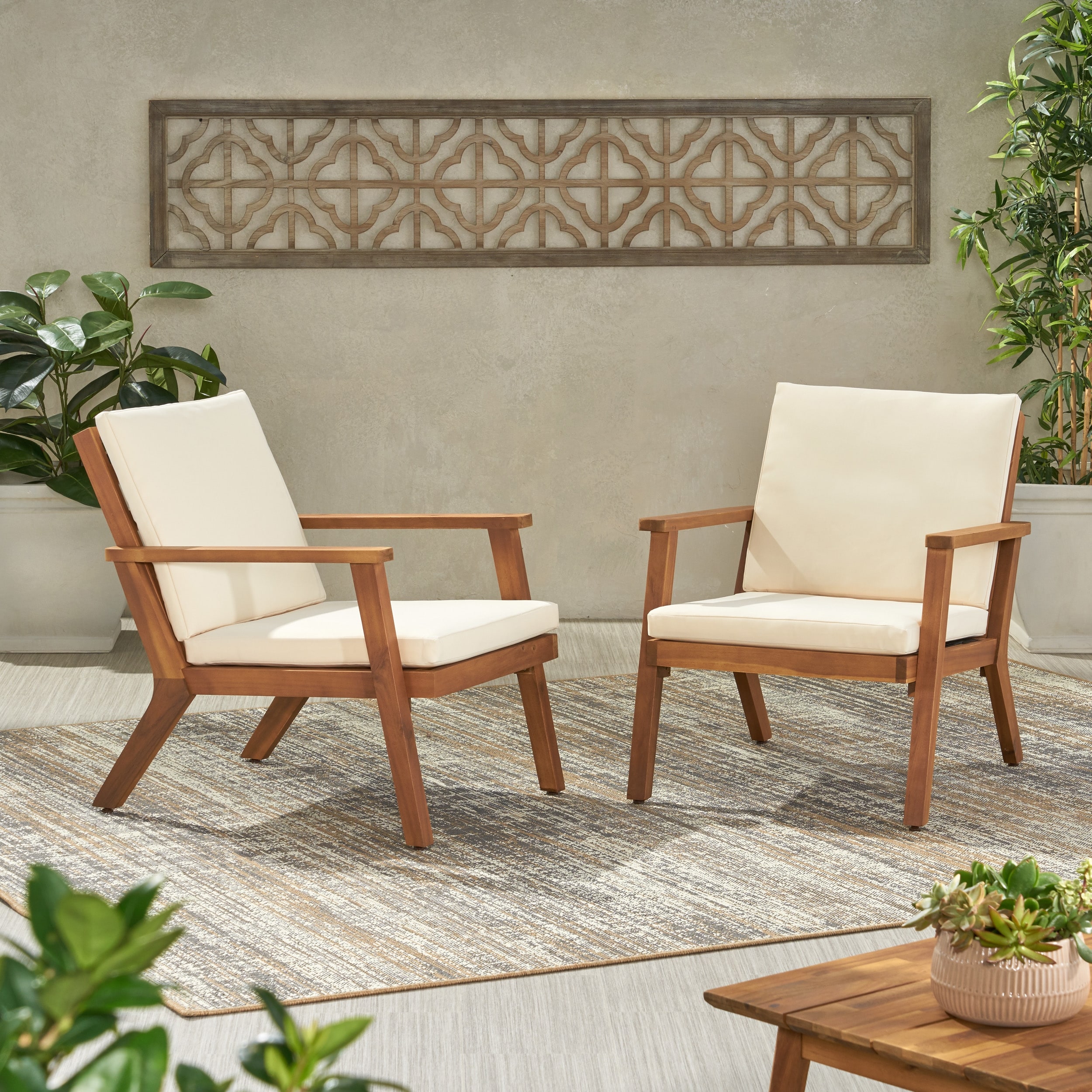 Set of 2 Outdoor Acacia Wood Club Chairs with Water-Resistant Cushions