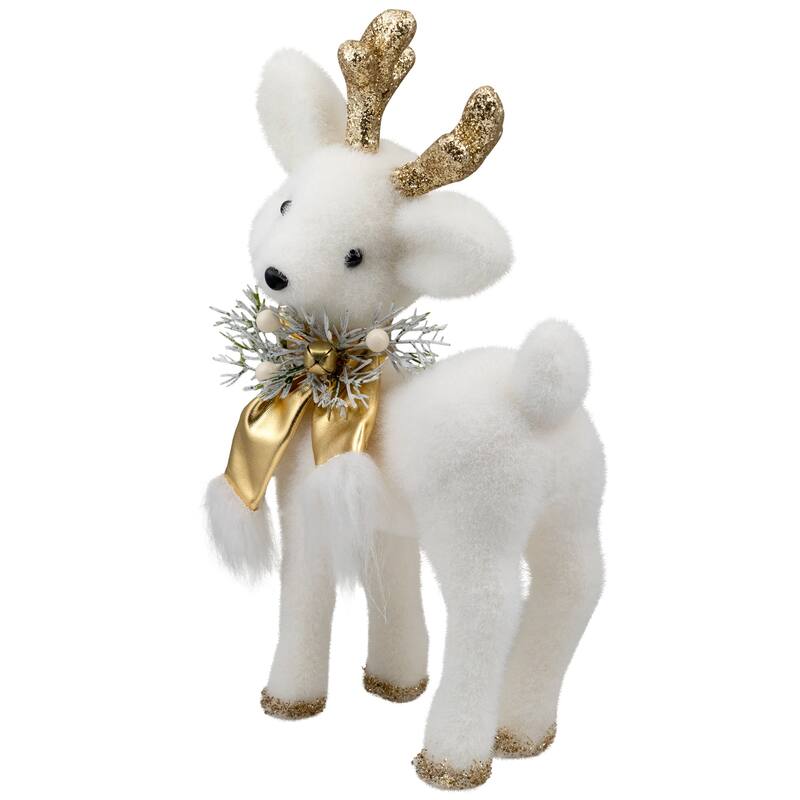 Glittered Standing Deer with Jingle Bell Christmas Figure - 12.25" - White and Gold