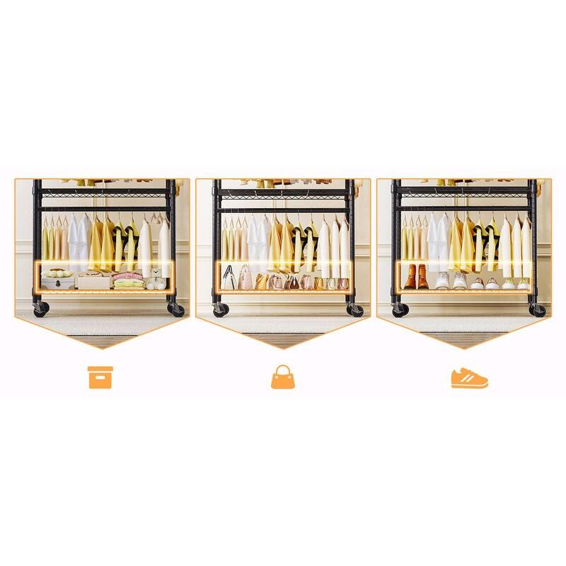 Heavy Duty Rolling Garment Rack with Wheels, 3-Tier Adjustable Wire Shelving, Clothes Rack with 2 Rods & Side Hooks