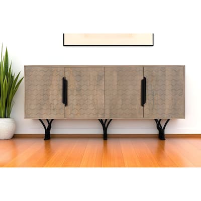 HomeRoots 84" Beige Solid Wood Carved Geometric Sideboard with Four Doors - 84.00 in. x 36.00 in. x 18.00 in.
