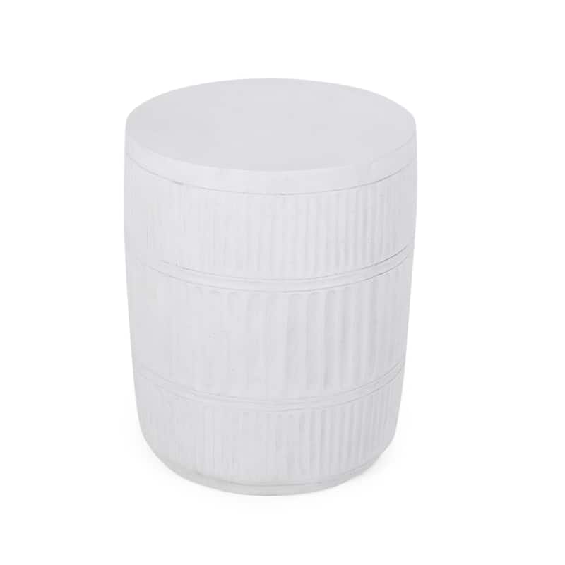 Roomfitters Outdoor Patio End Table with Textured Barrel Design, Round Accent Side Table, Antique White