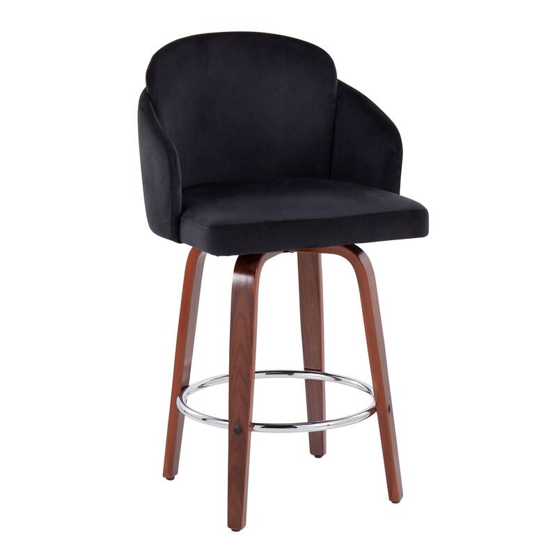 Dahlia Counter Stool with Walnut Wood (Set of 2) - Black Velvet & Gold Accent