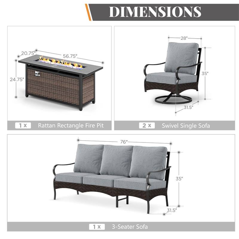 MAISON ARTS Patio Furniture Set with 56" Fire Pit Table, Deep Seating Sofa & Swivel, Rocking, and Fixed Chairs (5 Seats, Beige)