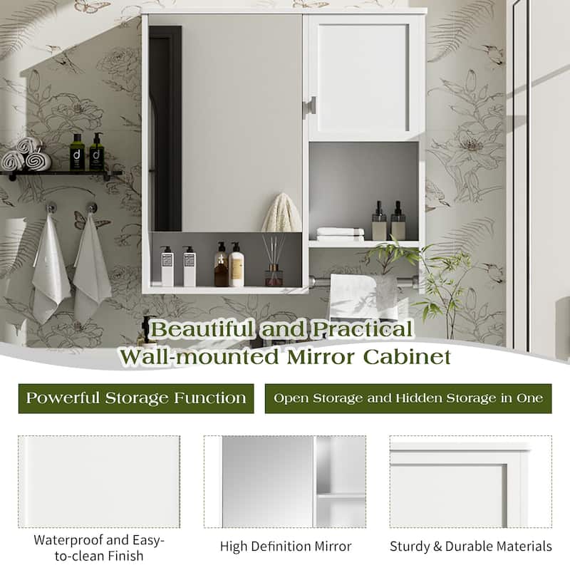 29" x 28" Over The Toilet Bathroom Storage Cabinet with Towel Bar Wall Mirror Cabinet with Closed Cupboard and Open Shelf