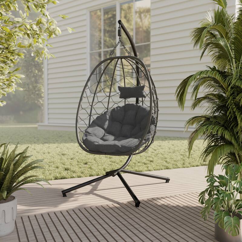 Summit Hanging Egg Swing Chair with Foldable Shell for Patio Balcony Backyard Garden Porch Home Office