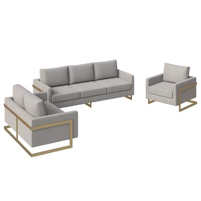 3-Piece Velvet Sofa Set with Gold Stainless Steel Base and Removable Cushions