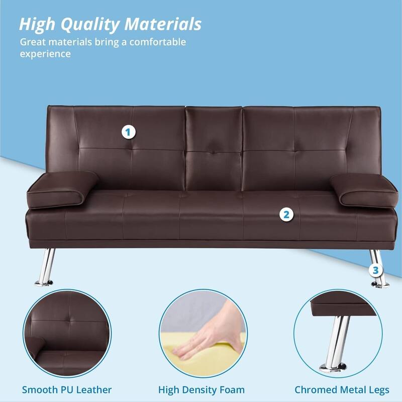 Futon Sofa Bed Couch with Armrest & Cupholders, Faux Leather Sofa Bed Couch Convertible Folding Reclining Small Couch