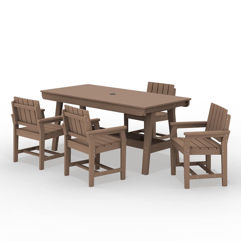 HDPE Patio Dining Set with Rectangular 67.91in W Table with Umbrella Hole and 4 Chairs - N/A - Brown