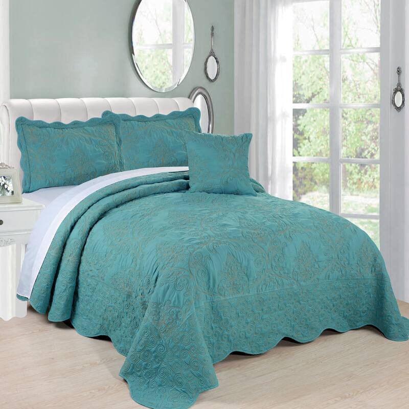 Serenta Damask Oversized 4-piece Bedspread Set - Teal - Queen