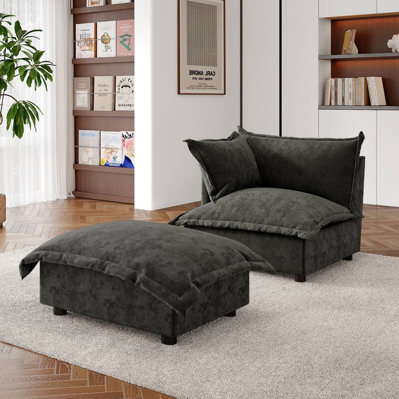 Double Layer Cushion Comfy Cloud Modular Sectional Sofa Set - Corner Sofa+Ottoman-Dark Grey - Left Facing