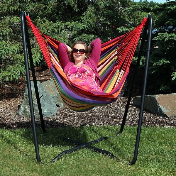 Hanging Rope Hammock Chair Swing With Space Saving Stand Sunset Overstock 28730835