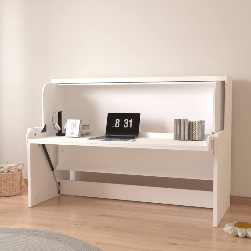GDF Studio - Zigg Modern Murphy Bed with Built-In Desk, Space-Saving Foldable Wall Bed for Small Rooms - White - Full