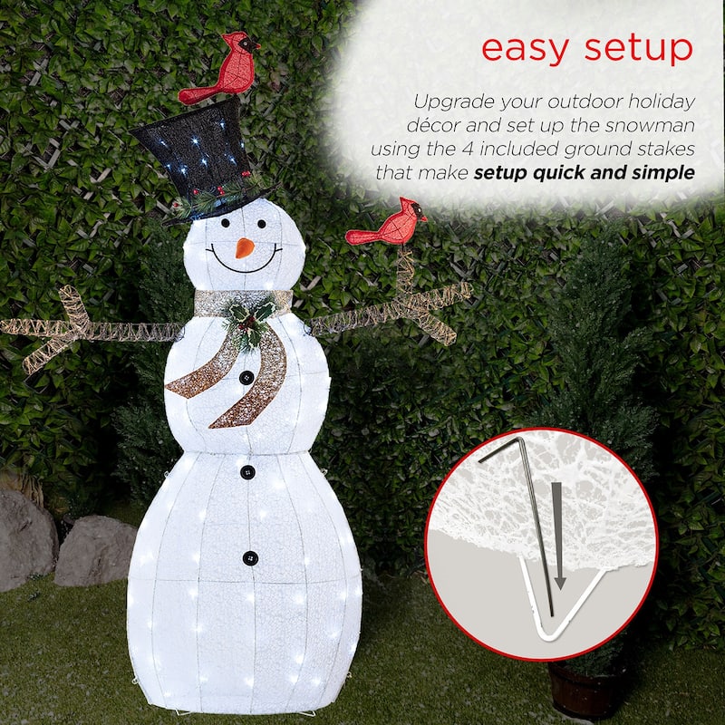 Alpine Corporation Mesh Snowman Decoration with Bird Accents and LED Lights - White