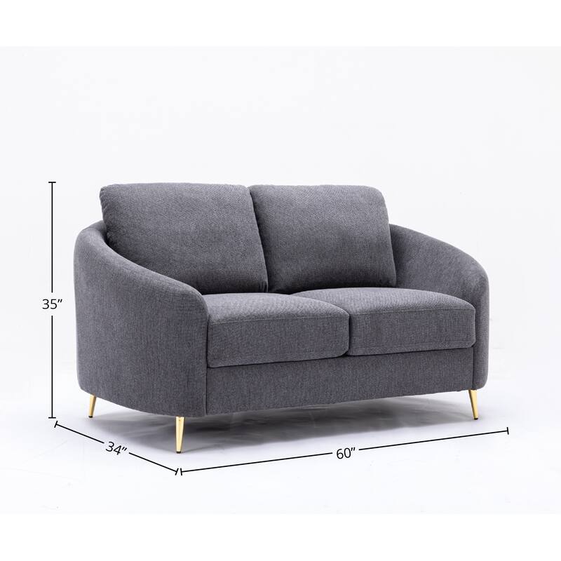 Gray Linen Loveseat Sofa with Gold Metal Legs and Plush Seat Cushions