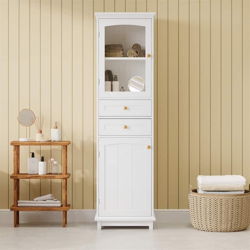 Freestanding Bathroom Cabinet with Glass Door and 2 Storage Drawers, Tall Storage Cabinet Floor Cabinet with Adjustable Shelves