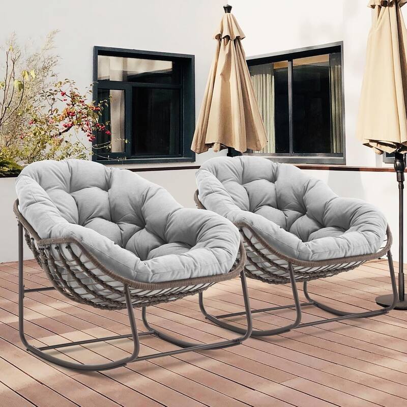 Outdoor Rattan Rocker Recliner Chair With Polyester Padded Cushion （set of 2）