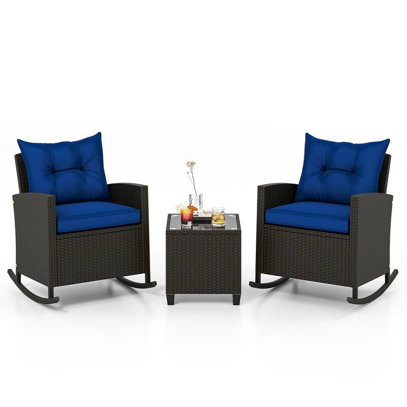 Gymax Set of 3 Wicker Rocking Set Patio w/ Tempered Glass Table & Soft