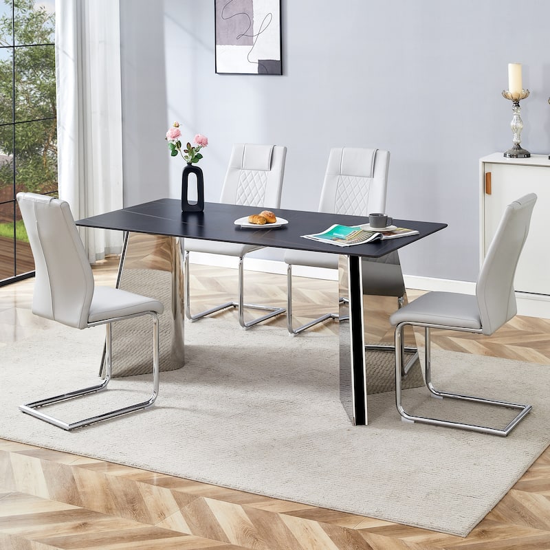 Modern Dining Set with Stainless Steel Butterfly Legs & High Back PU Chairs