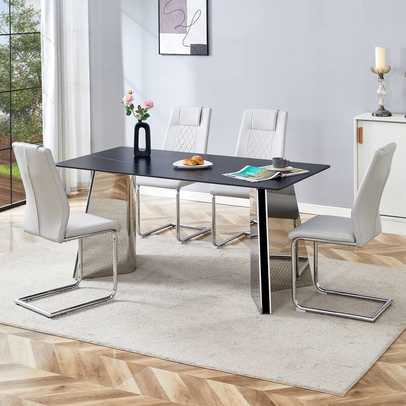 Modern Style Dining Rectangular Table Set with Stainless Steel Butterfly Legs and PU High Back Dining Chairs