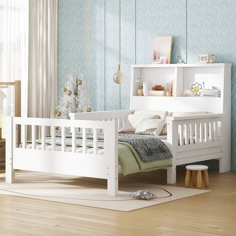 Pull Out Twin Size Platform Bed Converted into Baby Crib and Sofa with Storage Headboard and Removable Footboard - White - Twin