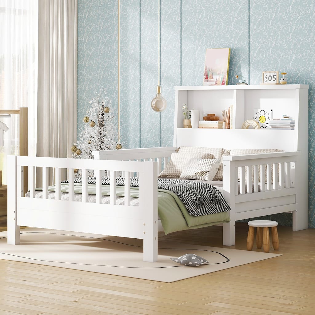 White Twin Platform Bed with Pull-Out Storage Headboard & Safety Rails!