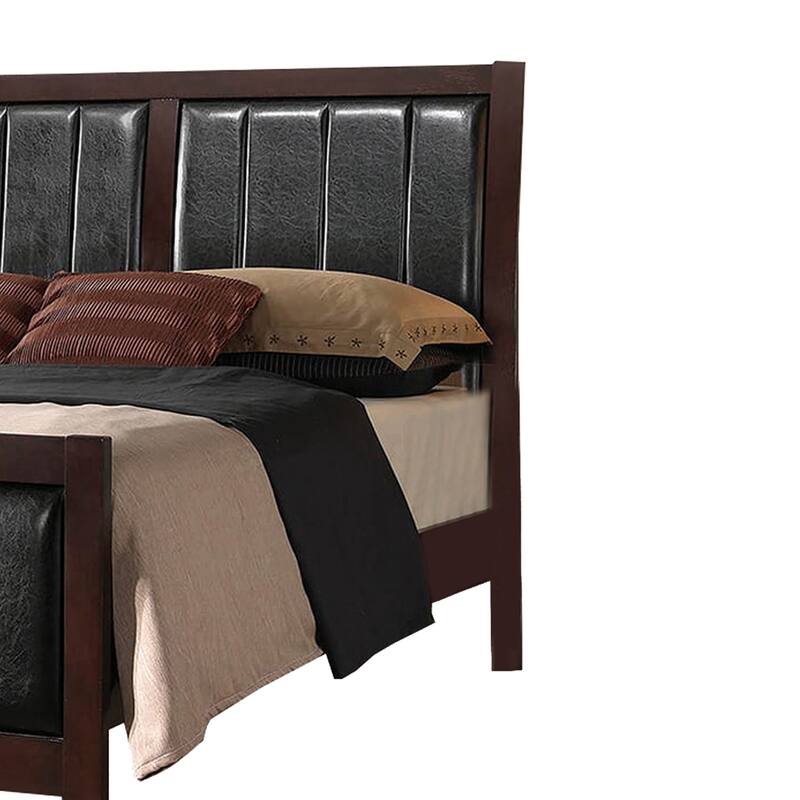 Leatherette Upholstered Wooden Eastern King Bed, Brown and Black