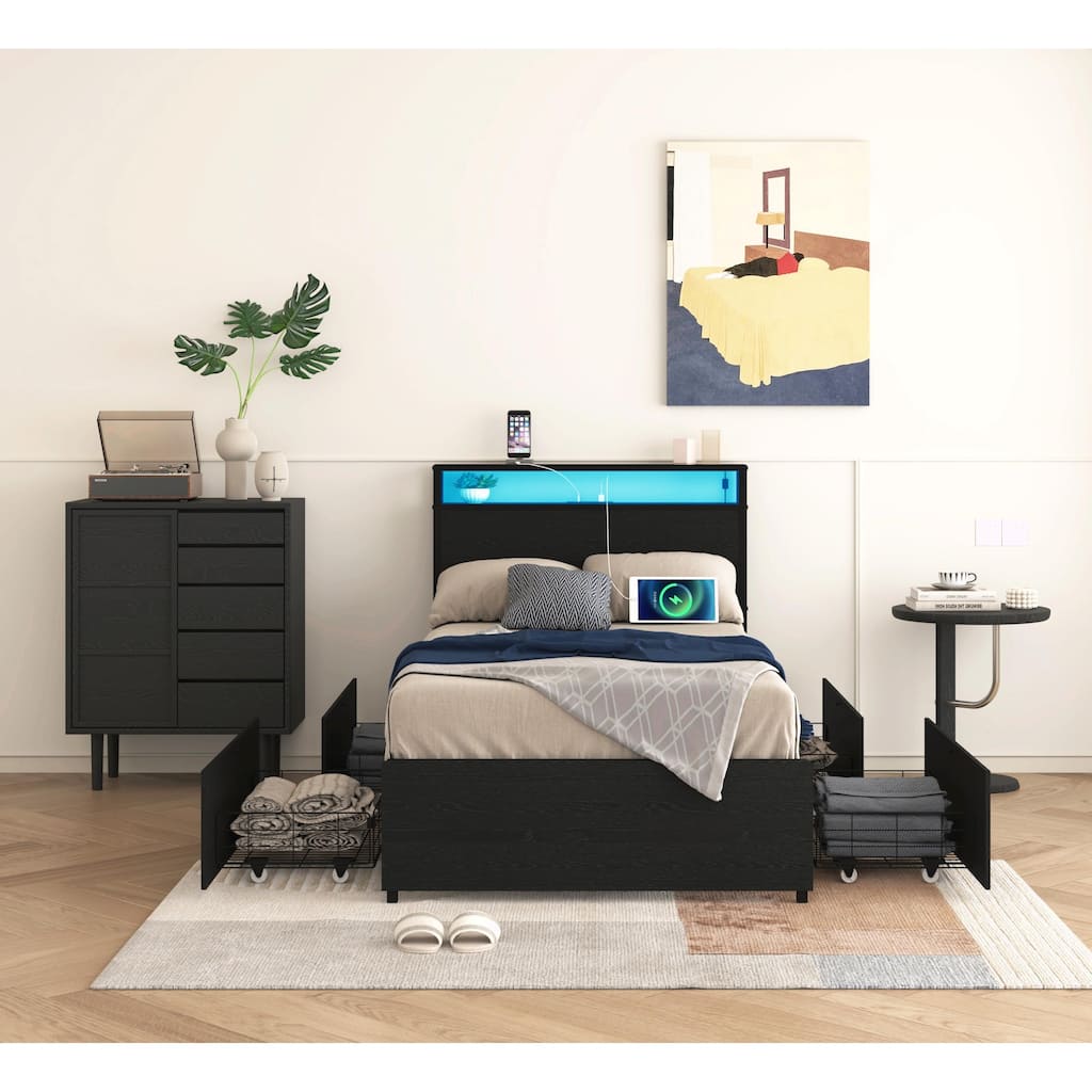 Twin Bed Frame with Storage Headboard and Charging Station, Solid, Stable, Noise-Free