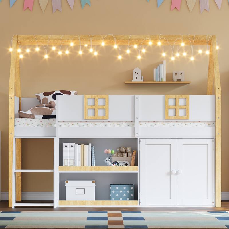 GDFStudio - GlowStep Wooden Low Loft Bed with Staircase, Storage and LED Lights