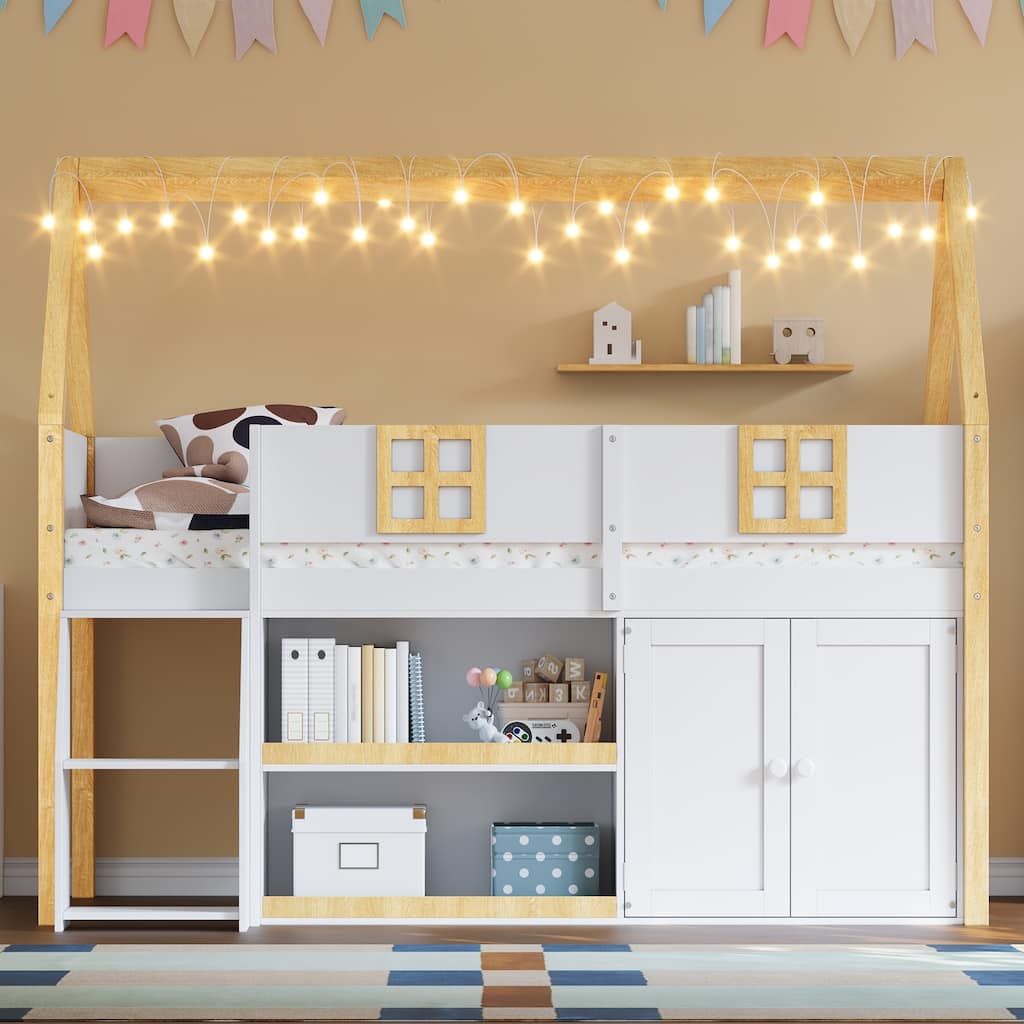 Low Profile Loft Bed with Step Staircase & Storage Cabinets, LED Lights & Shelving, Available in Full or Twin