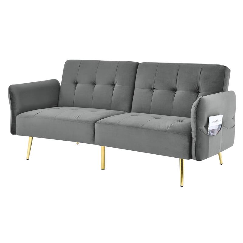 Velvet Futon Sofa Bed with Folded Armrests