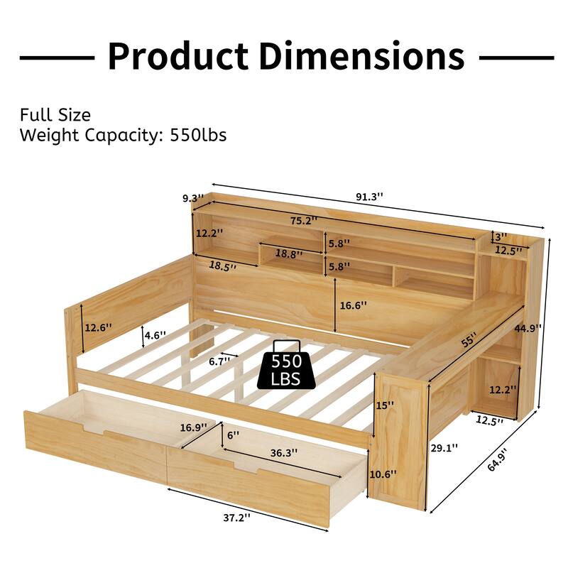 Wooden Full Size Daybed with Storage Shelves, Multi-functional Bed with Two Storage Drawers and Study Desk