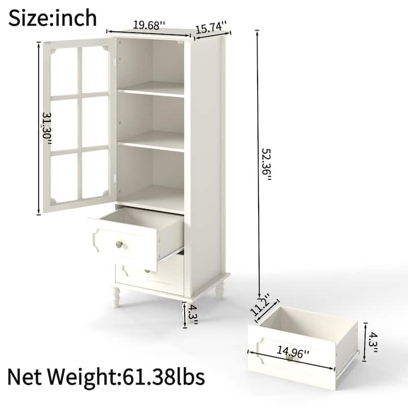 Modern Buffet Cabinet with Glass Doors and Double Drawer, Wooden Sideboard Storage Cupboard for Dining Room Entryway Hallway.
