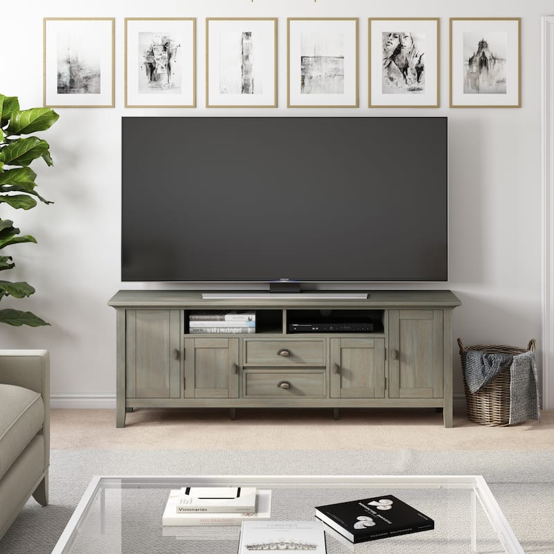 WYNDENHALL Mansfield SOLID WOOD 72 inch Wide Transitional TV Media Stand For TVs up to 80 inches - 72'' W x 16.5'' D x 26'' H - Distressed Grey
