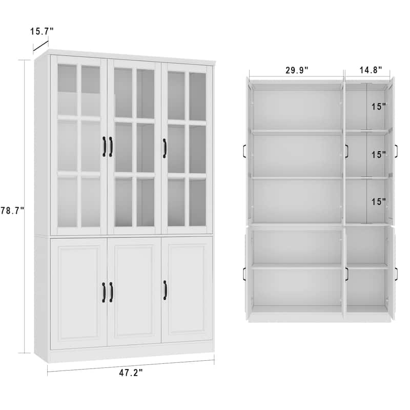 78.7"H Combo Buffet Sideboard White Curio Bookcase Cabinet Glass Door