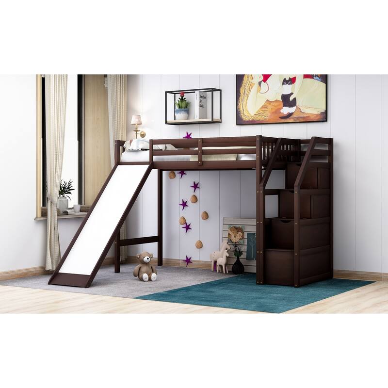 Twin Size Wood Loft Bed with Storage & Slide, High Guardrail Design, Ladder with Handrails Bed