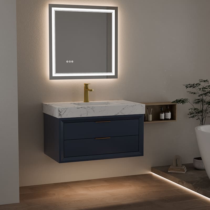 Modland 36" Wall-Mount Vanity with LED Light & 2 Soft-Close Drawers - Solid Oak, Black,White,Blue,Green - 36 inch - Blue