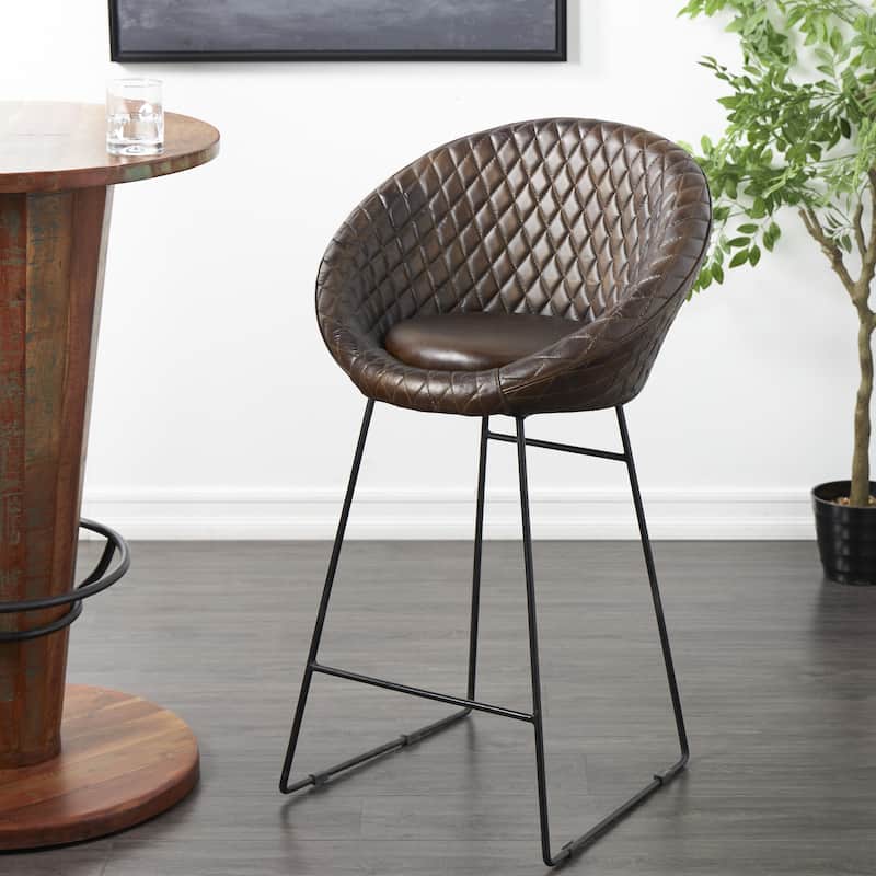 Leather Round Diamond Tufted Bar Stool with High Back and Black Metal Legs - Set of 2 Brown or Dark Brown - Roche River Decor