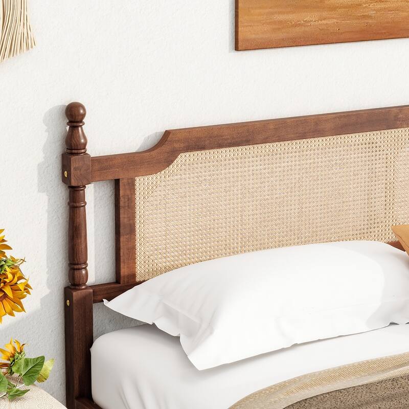 King Pine wooden Bed with Rattan Headboard and Footboard