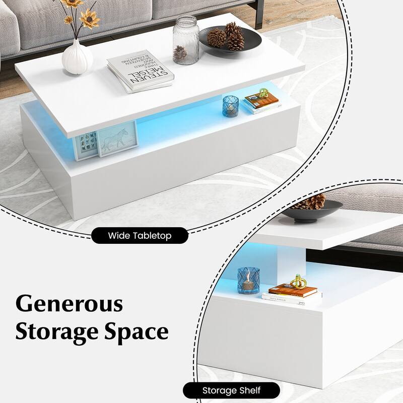 Gymax LED Coffee Table 2-Tier High Glossy with Adjustable Light &