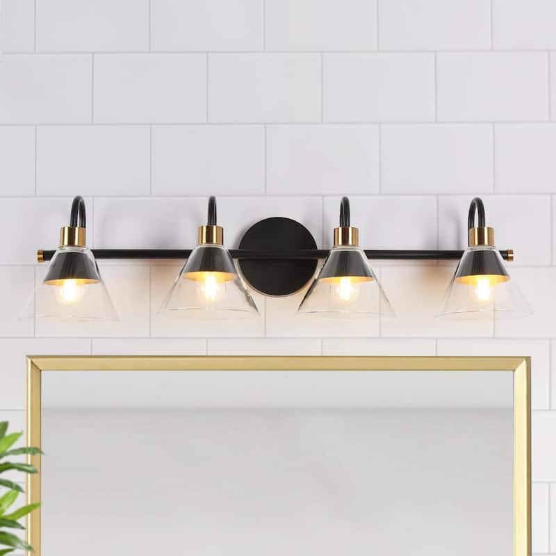 Petia Modern Farmhouse 4-Lights Black Bathroom Vanity Lights Wall Lamps with Cone Glass Shade - L 28" x D 6.7" x H 6.7" - L 28" x D 6.7" x H 6.7" - Black