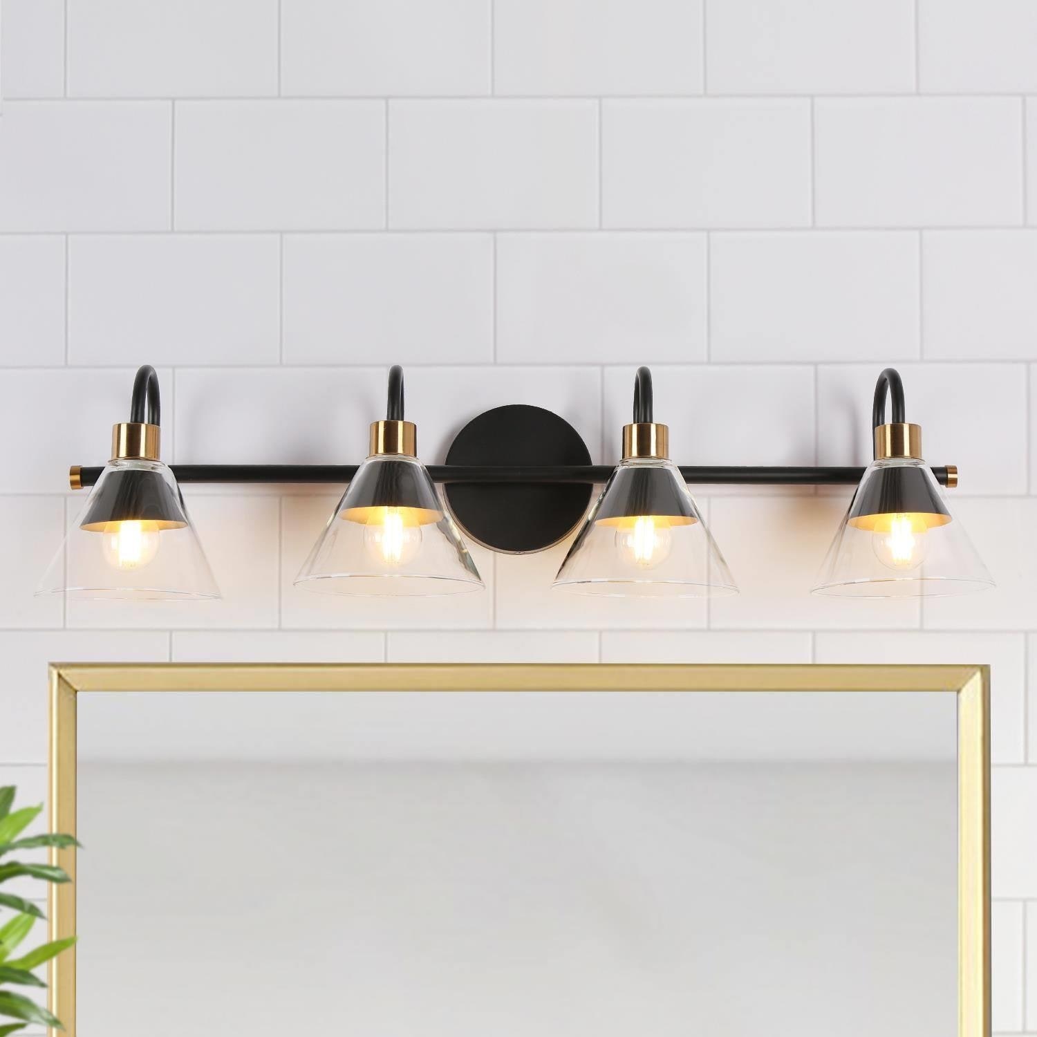 Petia Modern Farmhouse 4-Lights Black Bathroom Vanity Lights Wall Lamps with Cone Glass Shade - L 28" x D 6.7" x H 6.7"