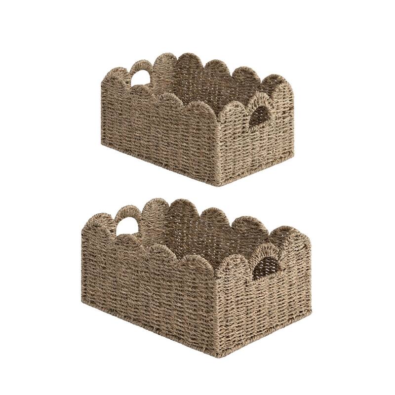 StorageWorks 2-pack Scalloped Edge Wicker Storage Baskets with Built-in Handles - Rectangular set - Seagrass