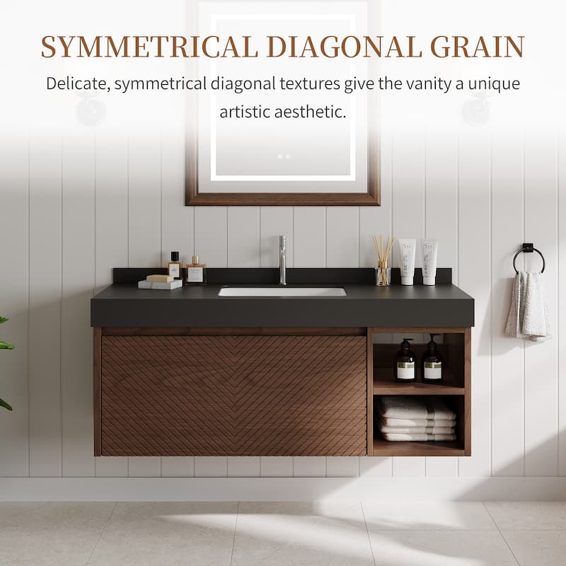 48" Modern Floating Single Bathroom Vanities, Solid Wood, Brown, 2 Drawers