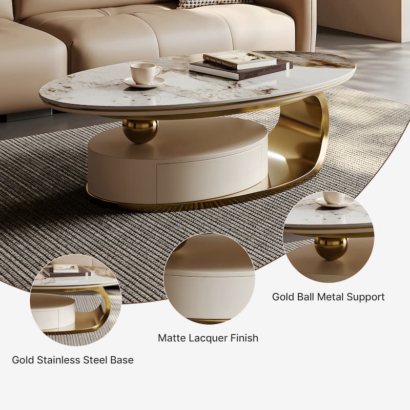 51" Modern Oval Coffee Table, Sintered Stone Top, Gold legs, Drawer - 51.2" X 27.5"