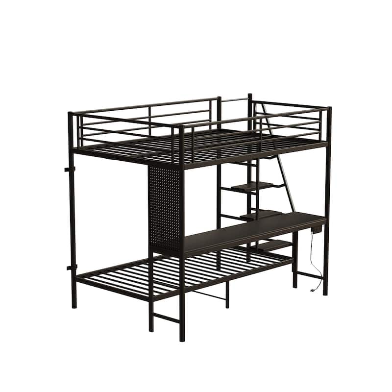Metal Bunk Bed with Built-in Desk, Charging Station and LED Lighting