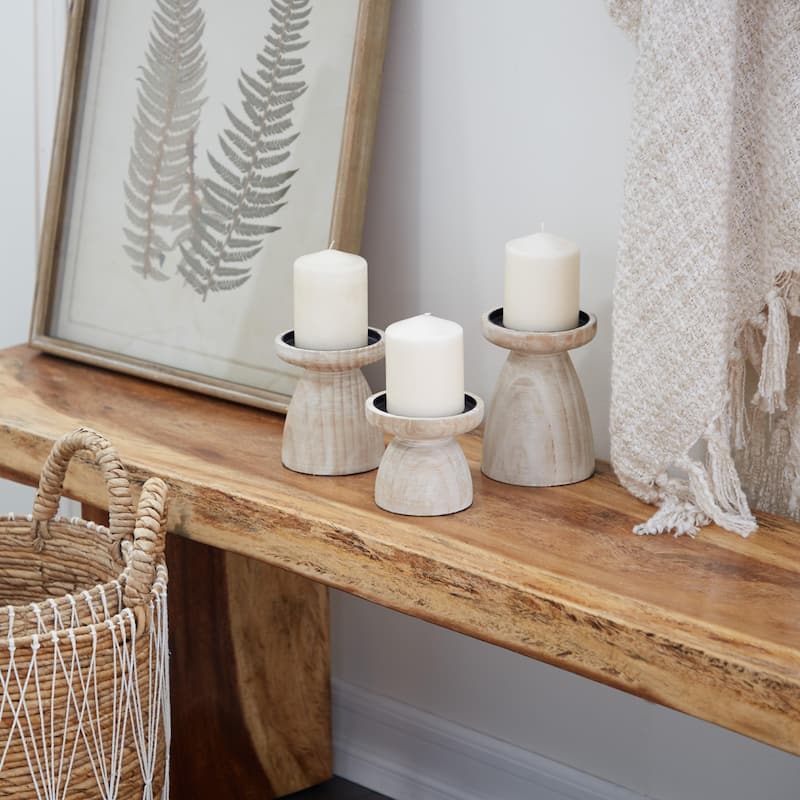 Wood Pillar Candle Holder with White Wash Finish - Set of 3 Black or Brown - Roche River Decor