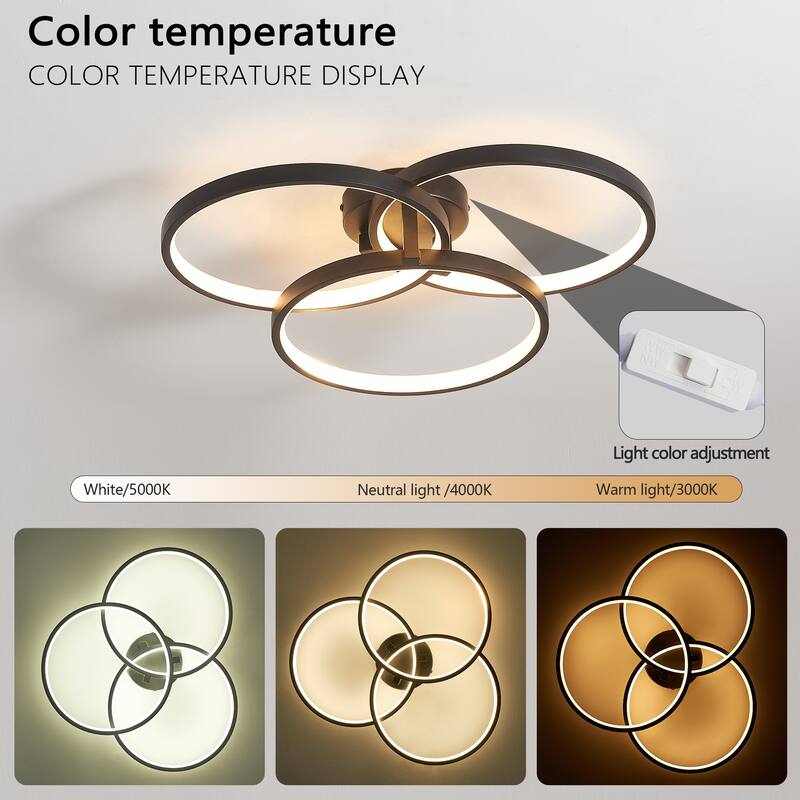 20" Modern Black LED Ceiling Light, 3-Ring Flush Mount Fixture Sleek and Energy-Efficient Design, Easy Installation