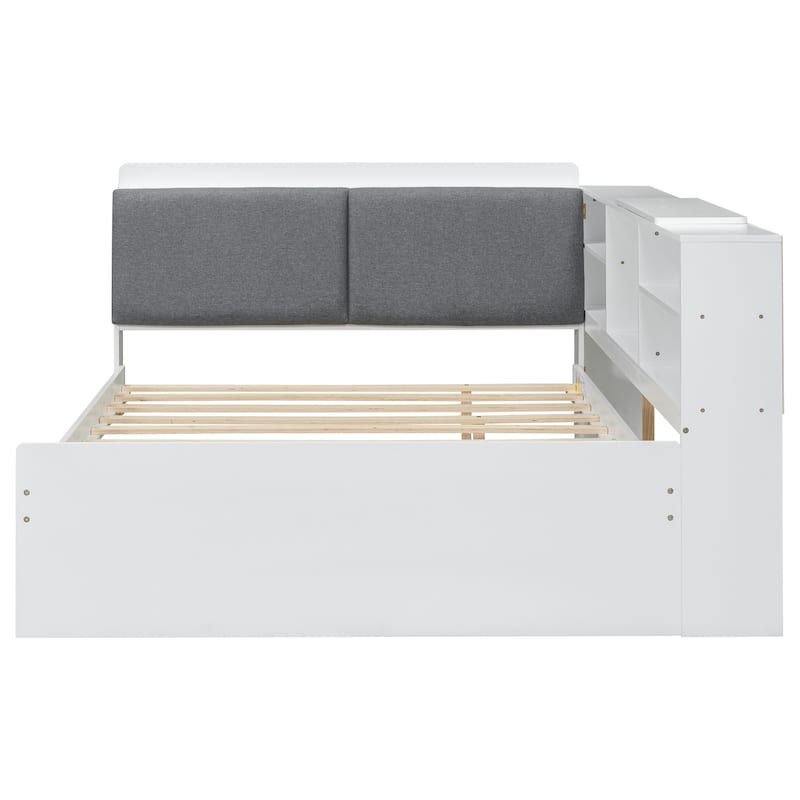 Wood Full Size Platform Bed with Trundle Storage Headboard and Shelves in Pine Wood
